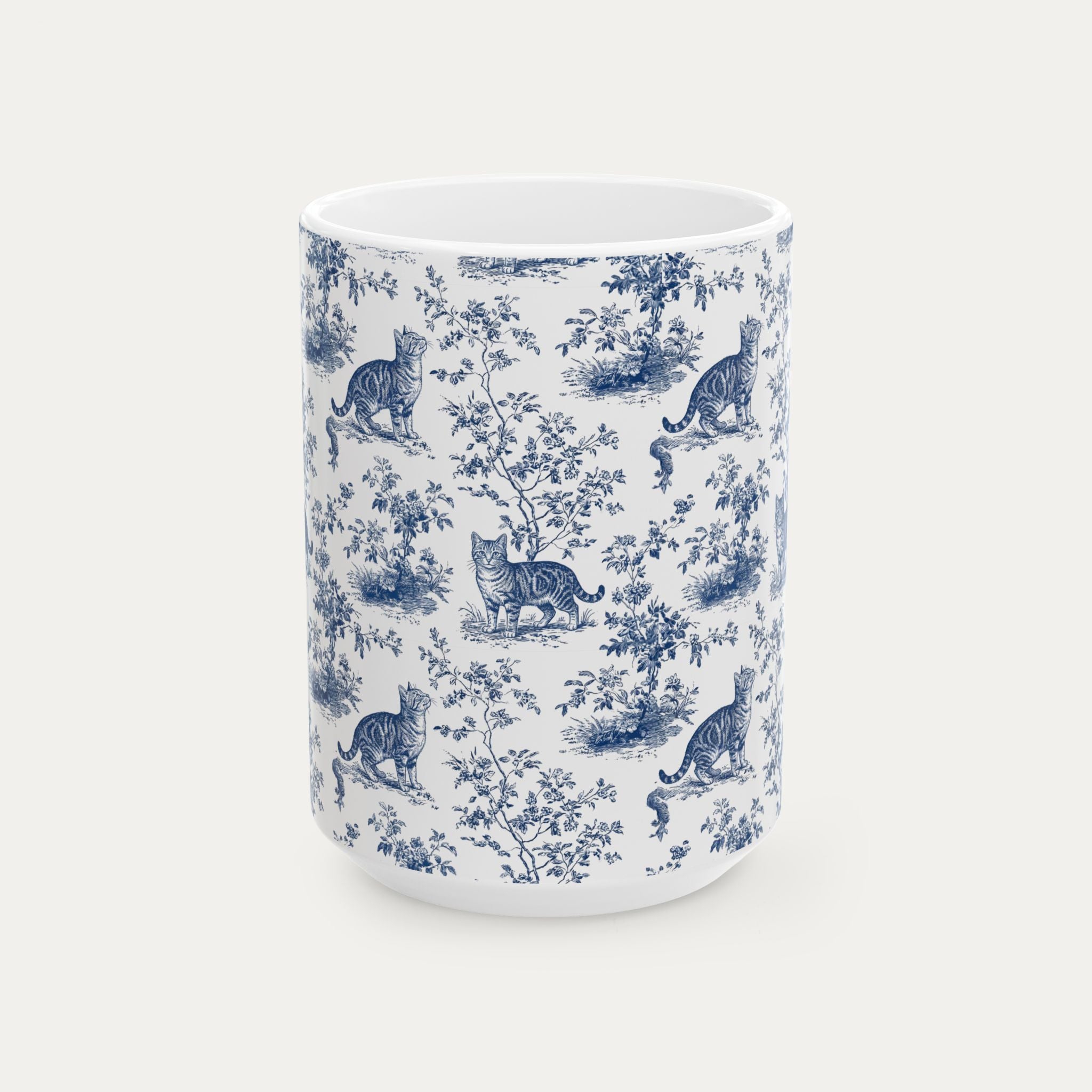 Tabby Cat Blue Toile Mug