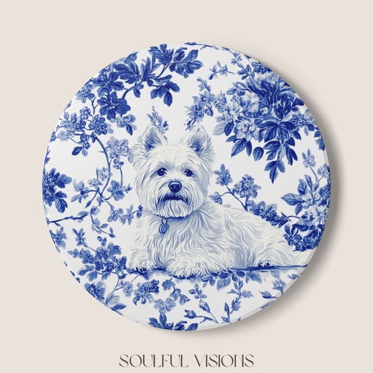 Westie French Blue Toile Ceramic Coaster