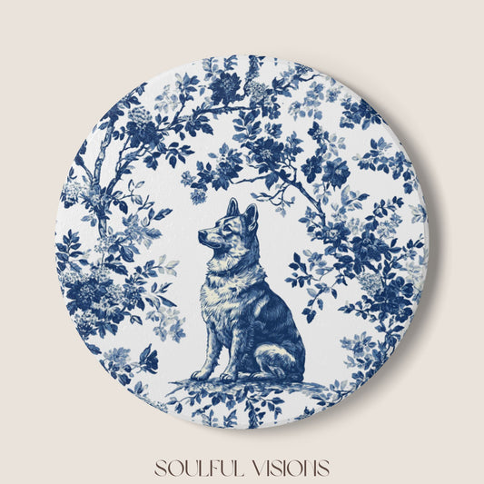 German Shepherd Ceramic Coaster French Blue Toile