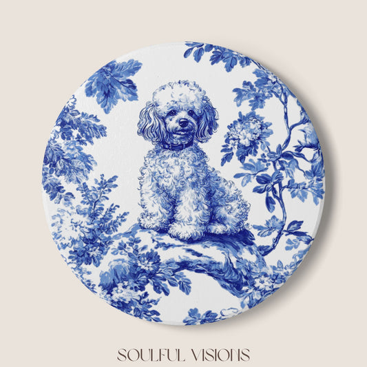 Mini Poodle French Blue Toile Ceramic Coaster