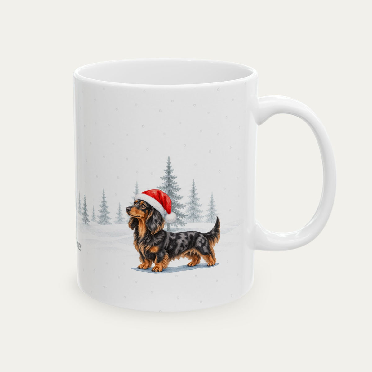 Custom Dachshund Longhaired Black and Tan Dapple  Christmas Santa Hat Mug
