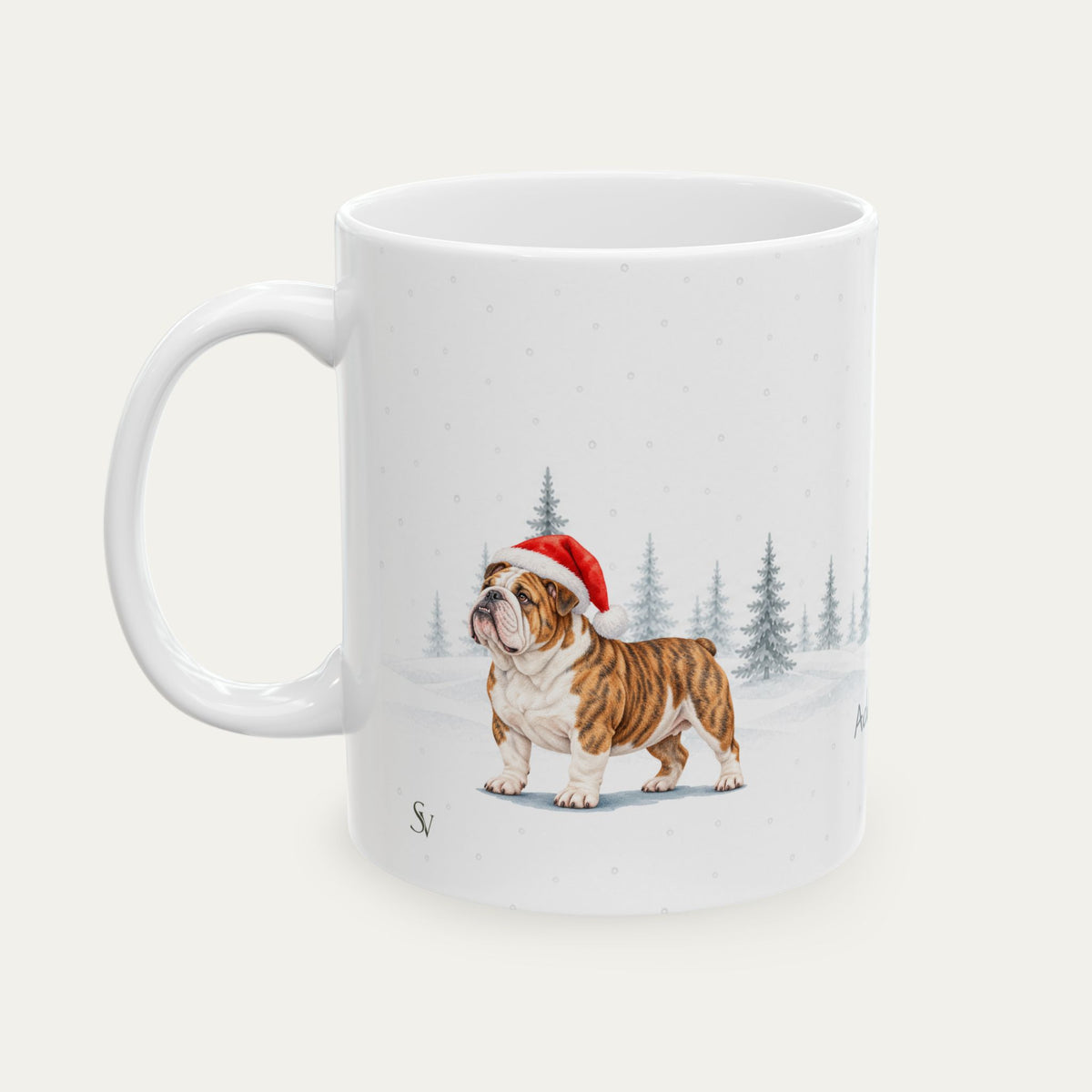 Custom English Bulldog Brindle and White Christmas Santa Hat Mug