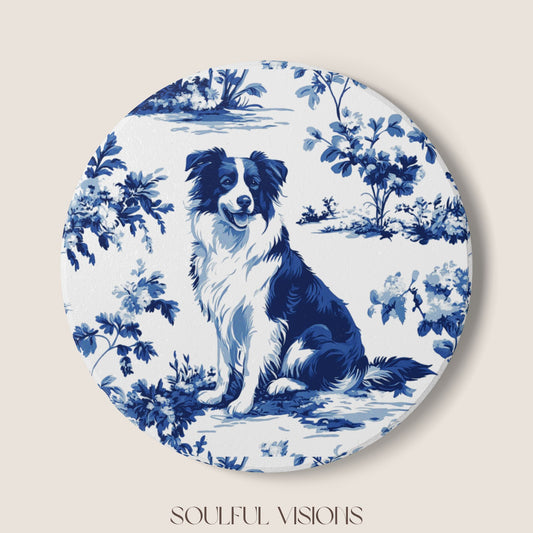 Border Collie Ceramic Coaster French Blue Toile