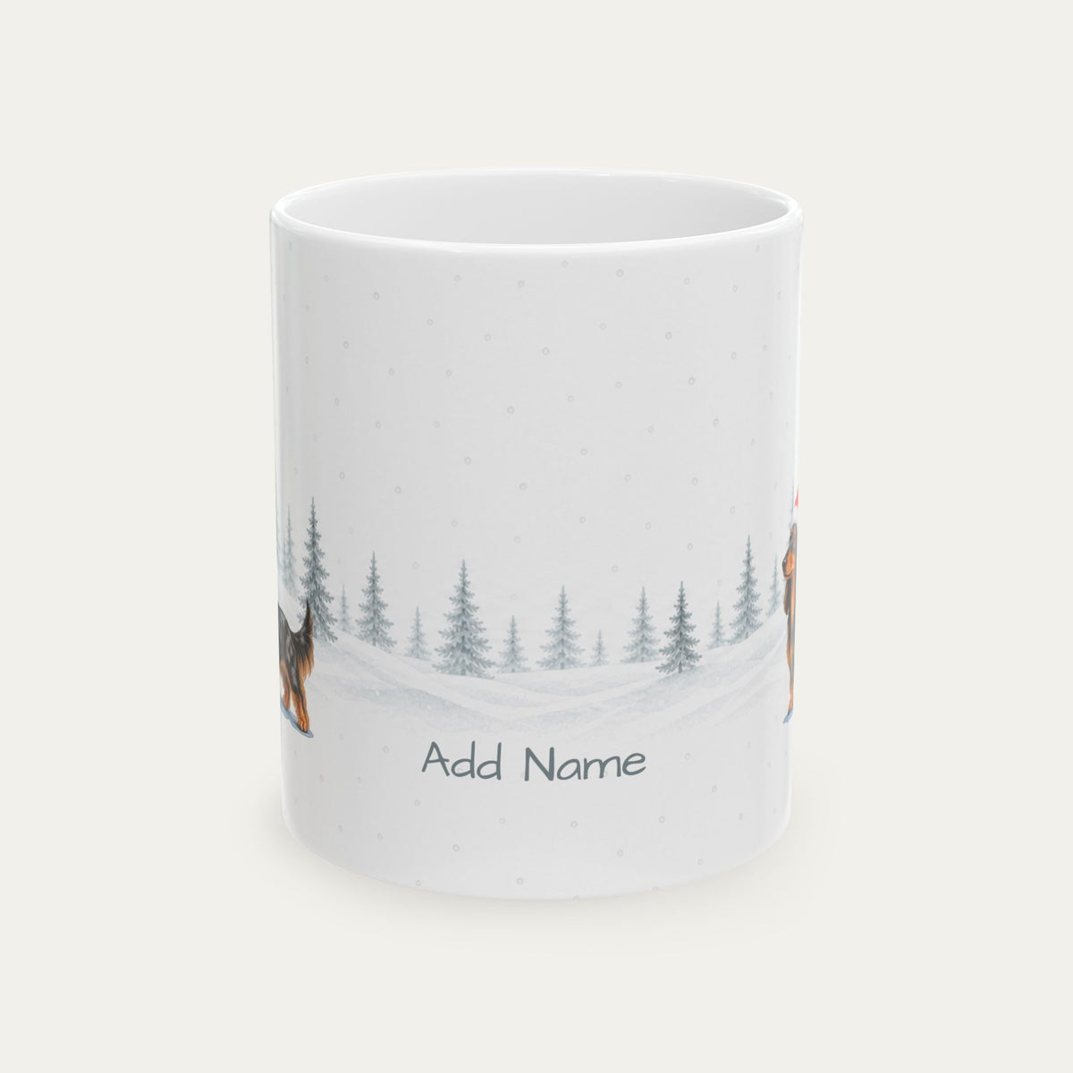 Custom Dachshund Longhaired Black and Tan Dapple  Christmas Santa Hat Mug