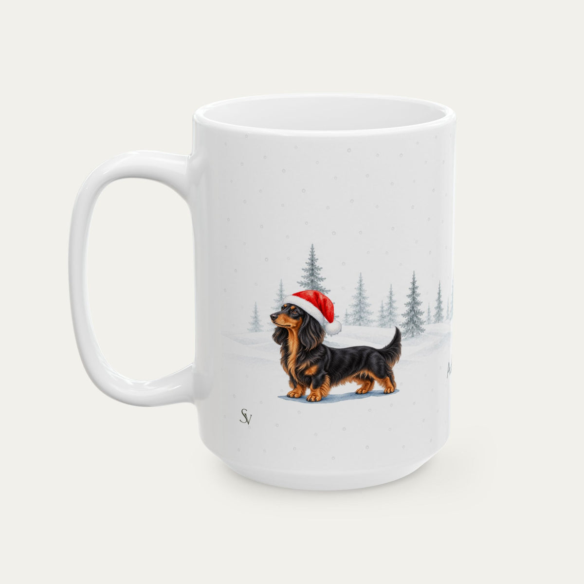 Custom Dachshubd Longhaired Black and Tan  Christmas Santa Hat Mug