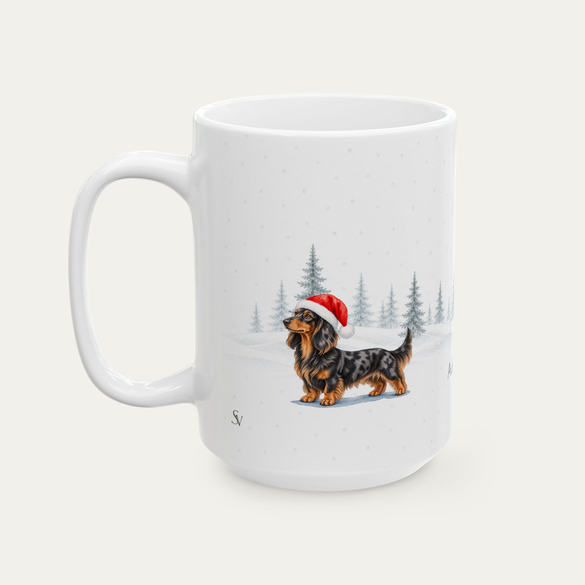 Custom Dachshund Longhaired Black and Tan Dapple  Christmas Santa Hat Mug