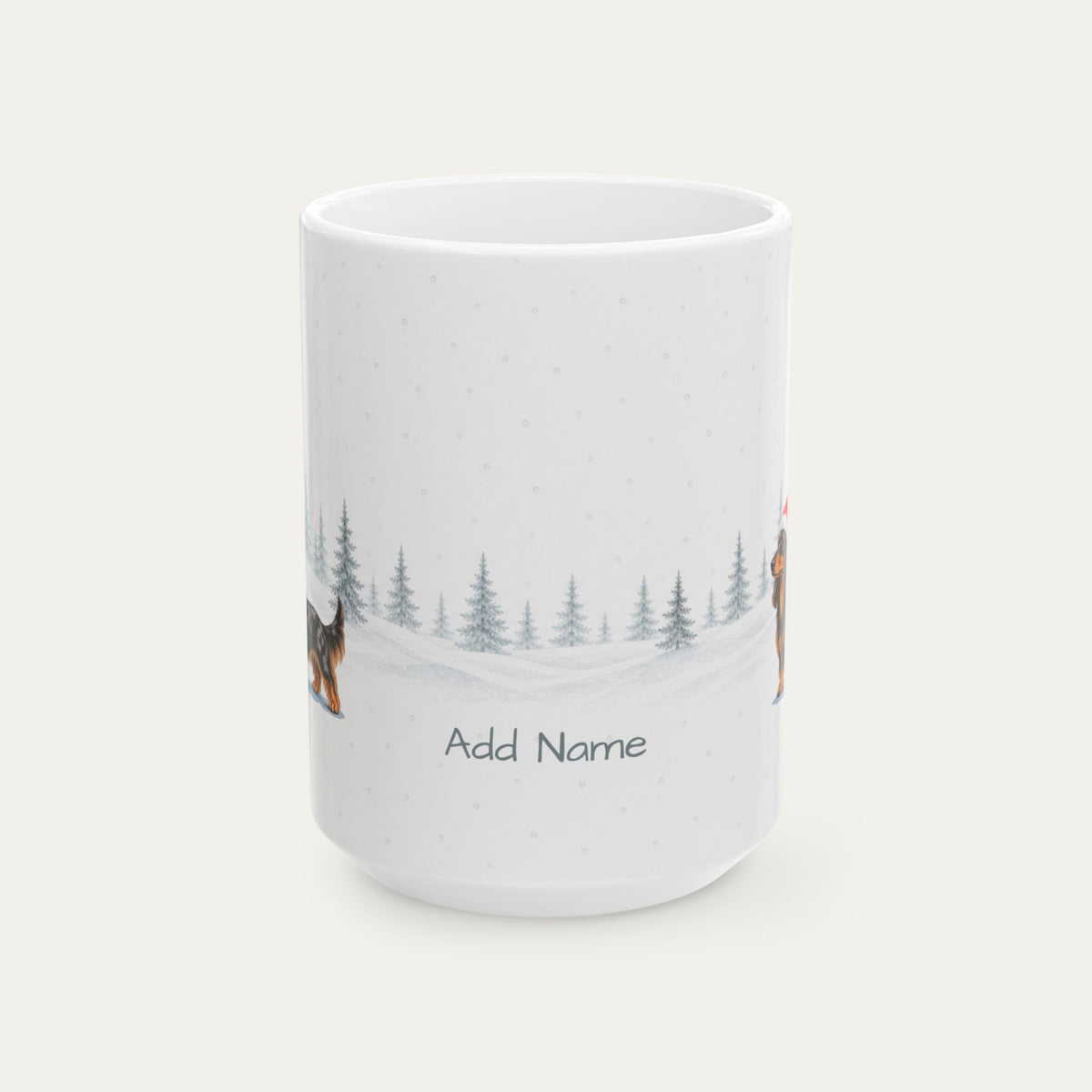 Custom Dachshund Longhaired Black and Tan Dapple  Christmas Santa Hat Mug