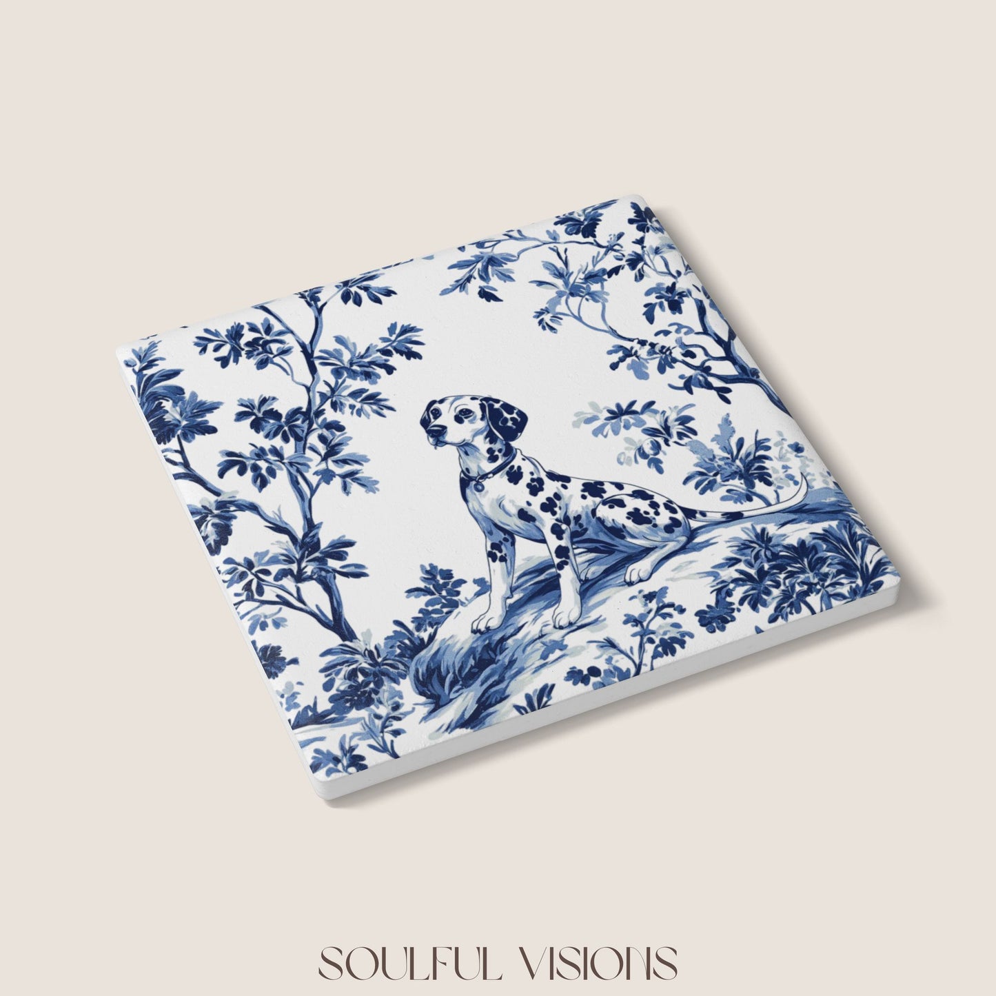 Dalmatian French Blue Toile Ceramic Coaster