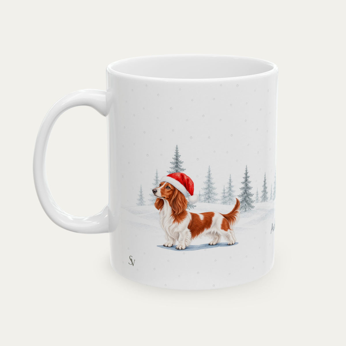 Custom Dachshund  Longhaired Red  and White Piebald Christmas Santa Hat Mug