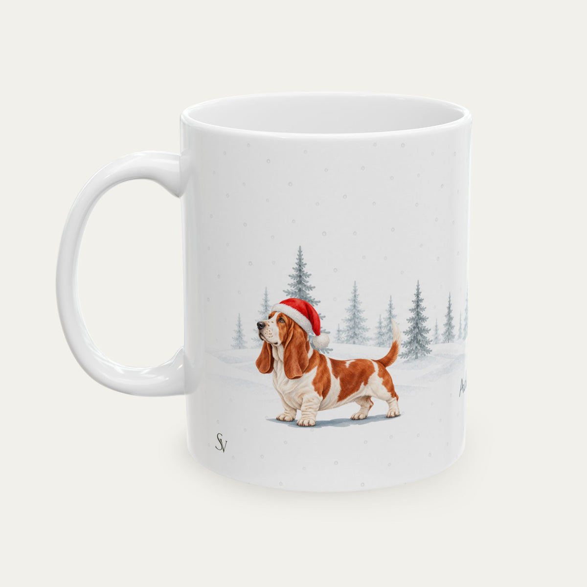 Custom Basset Hound Red and White Christmas Santa Hat Mug
