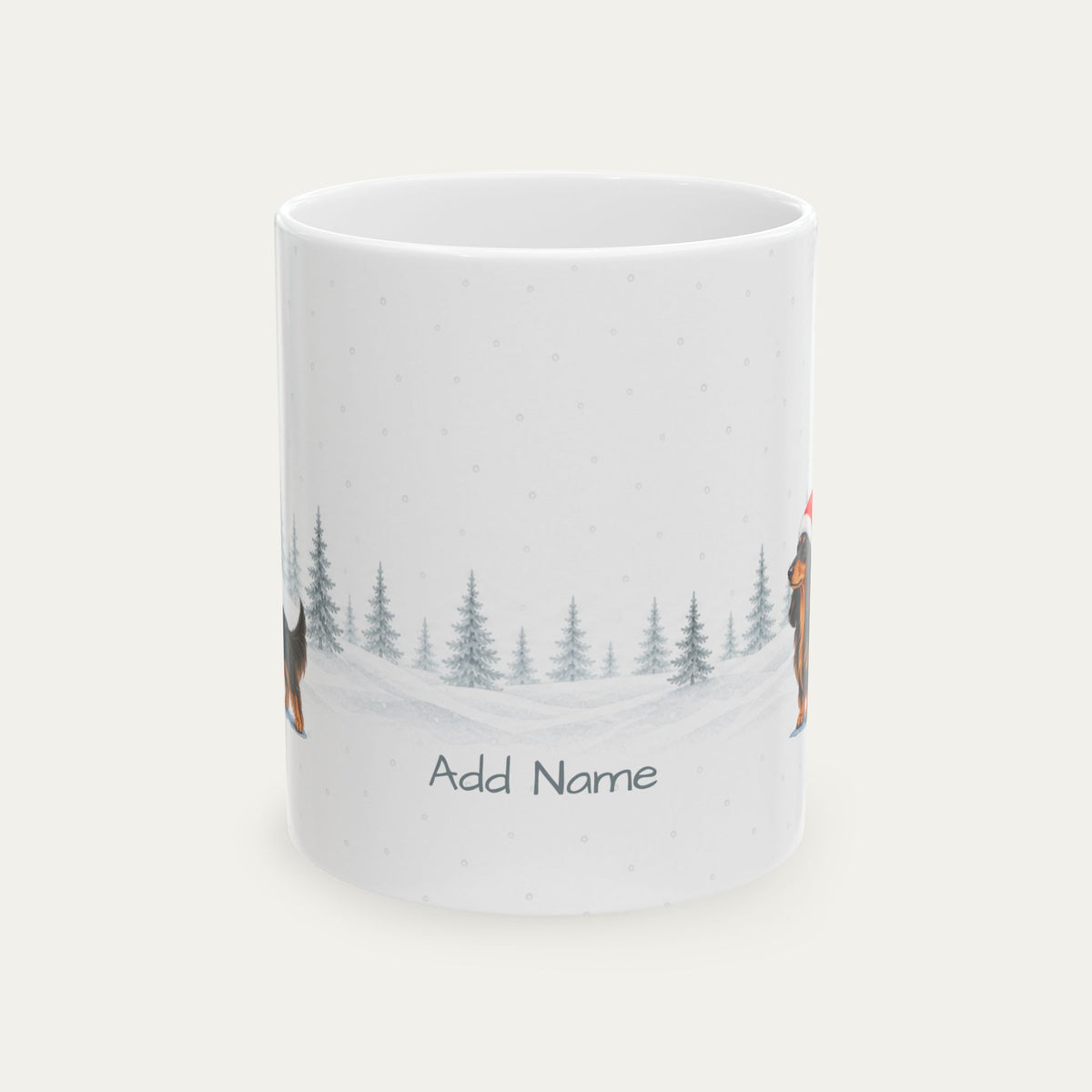 Custom Dachshubd Longhaired Black and Tan  Christmas Santa Hat Mug