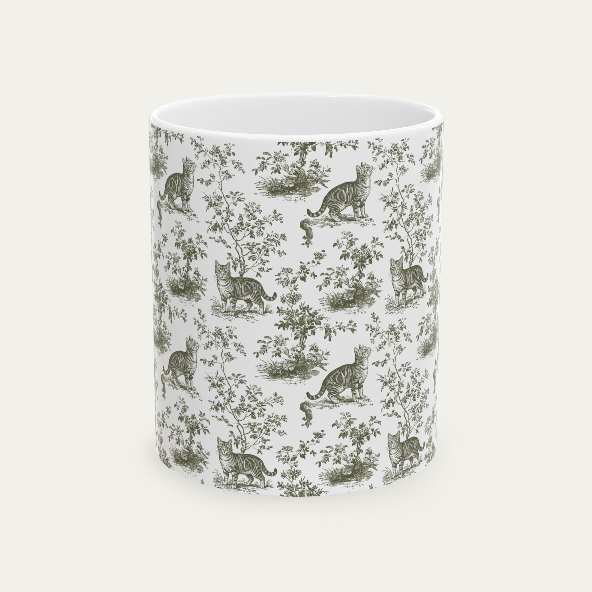 Tabby Cat Sage Green Toile Mug