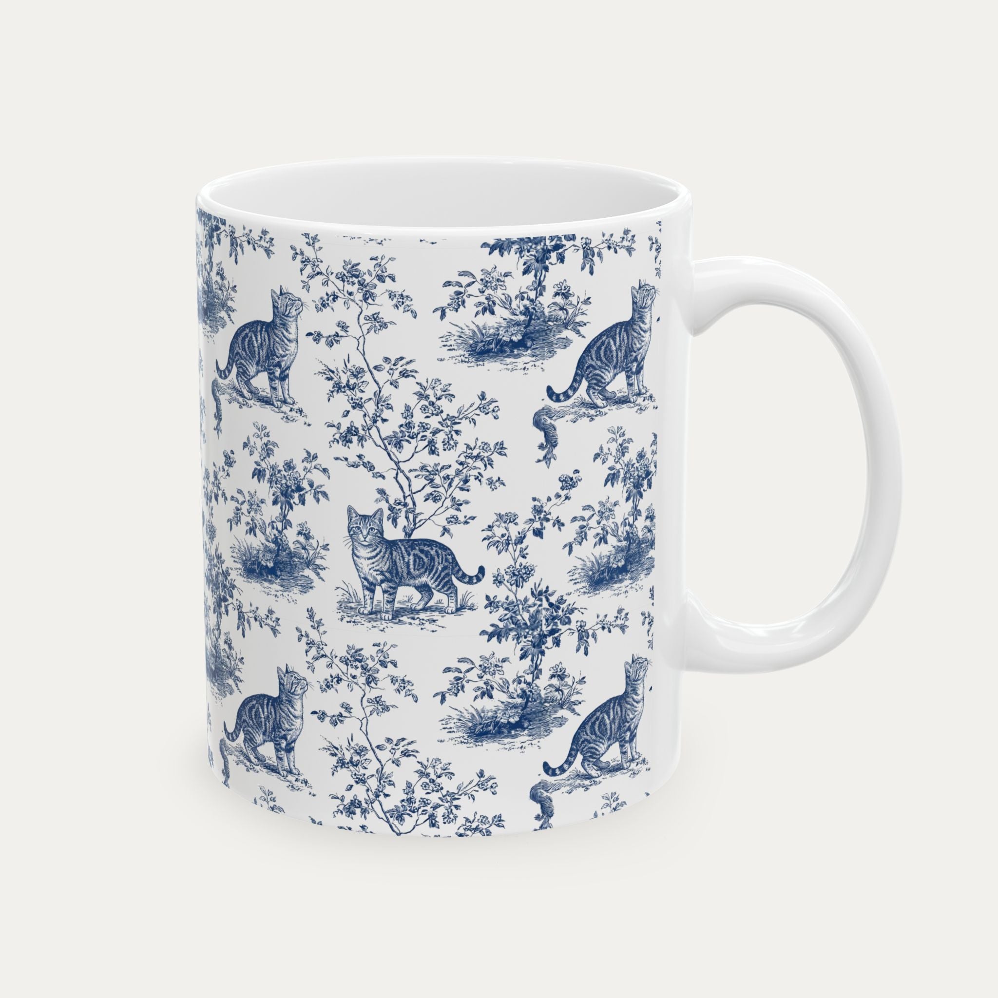 Tabby Cat Blue Toile Mug