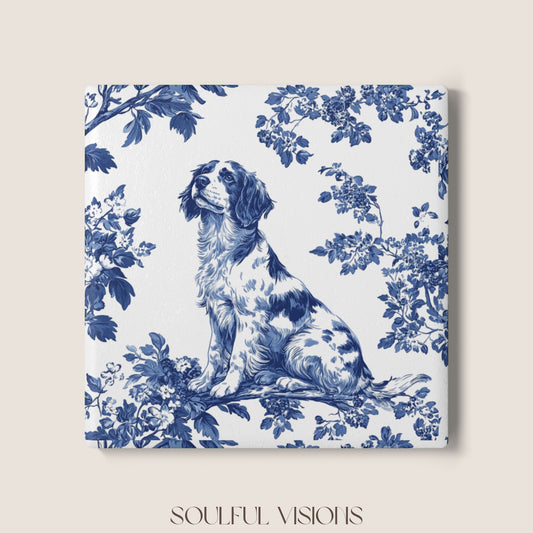 Brittany Spaniel Ceramic Coaster French Blue Toile