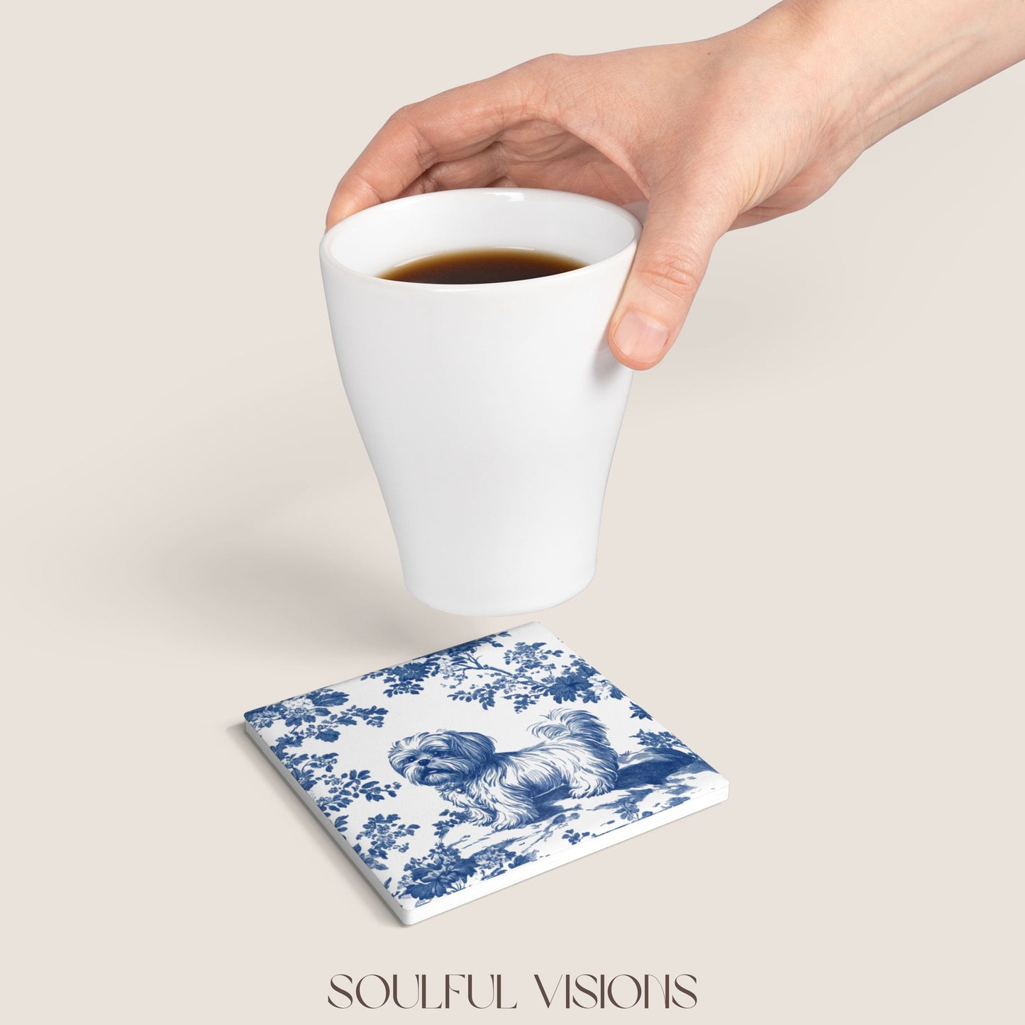 Shih Tzu Ceramic Coaster French Blue Toile