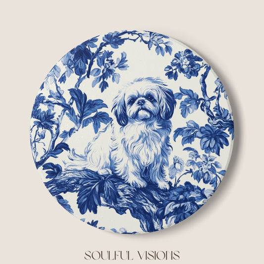 Pekingese French Blue Toile Ceramic Coaster
