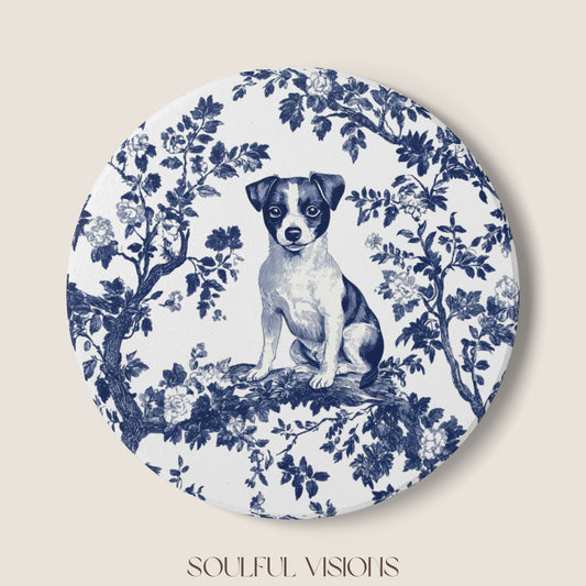 Jack Russell Ceramic Coaster French Blue Toile
