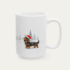 Custom Dachshund Longhaired Black and Tan Dapple  Christmas Santa Hat Mug