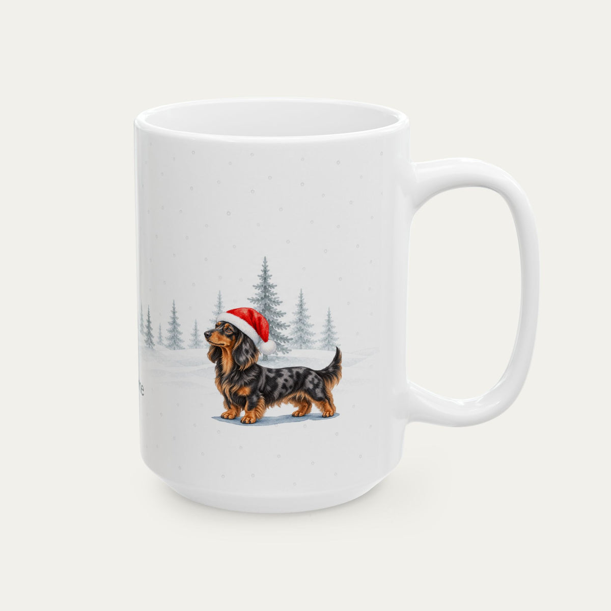 Custom Dachshund Longhaired Black and Tan Dapple  Christmas Santa Hat Mug