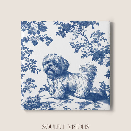 Shih Tzu Ceramic Coaster French Blue Toile