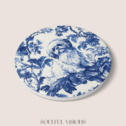 Pekingese French Blue Toile Ceramic Coaster
