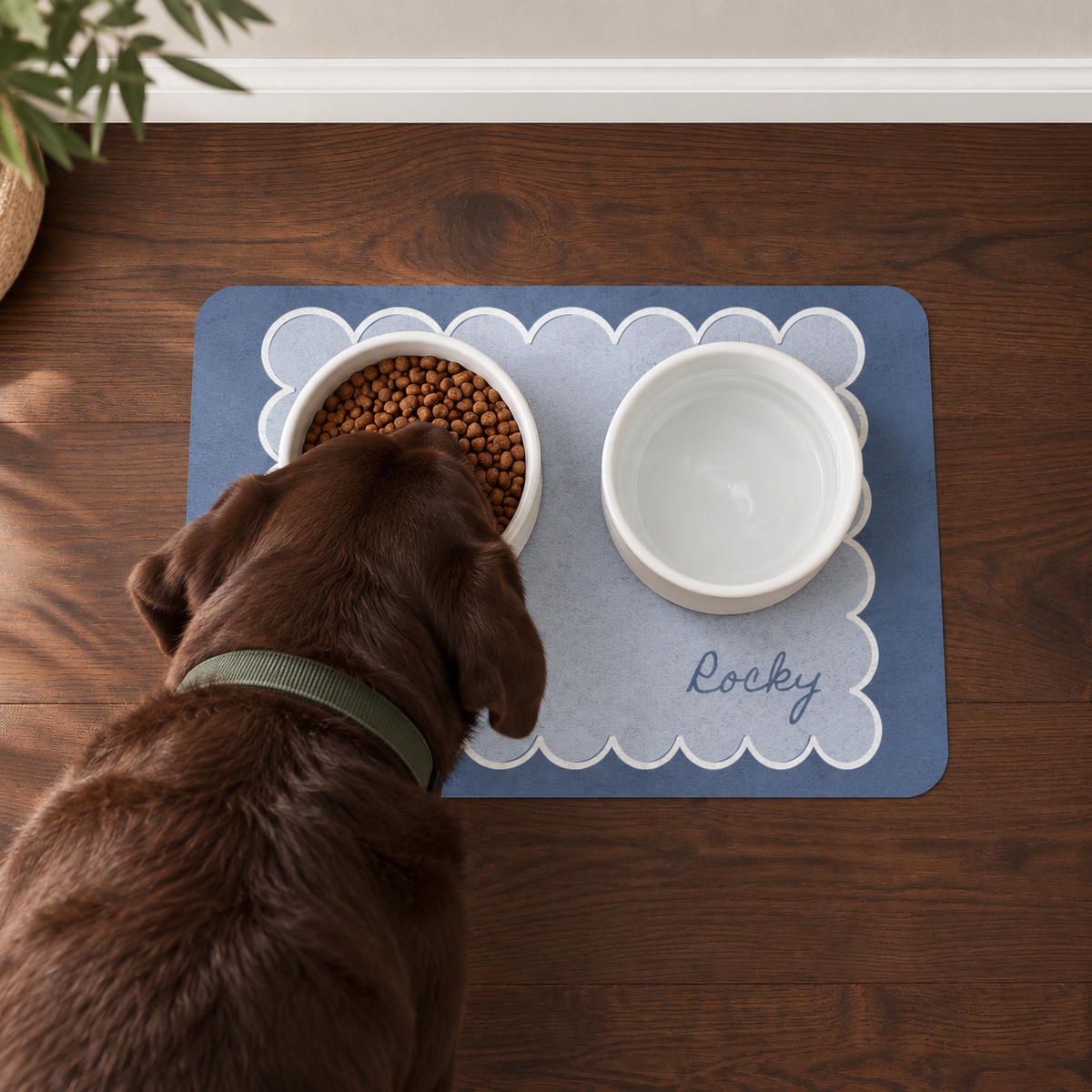 Custom Pet Food Mat Blue Scallop