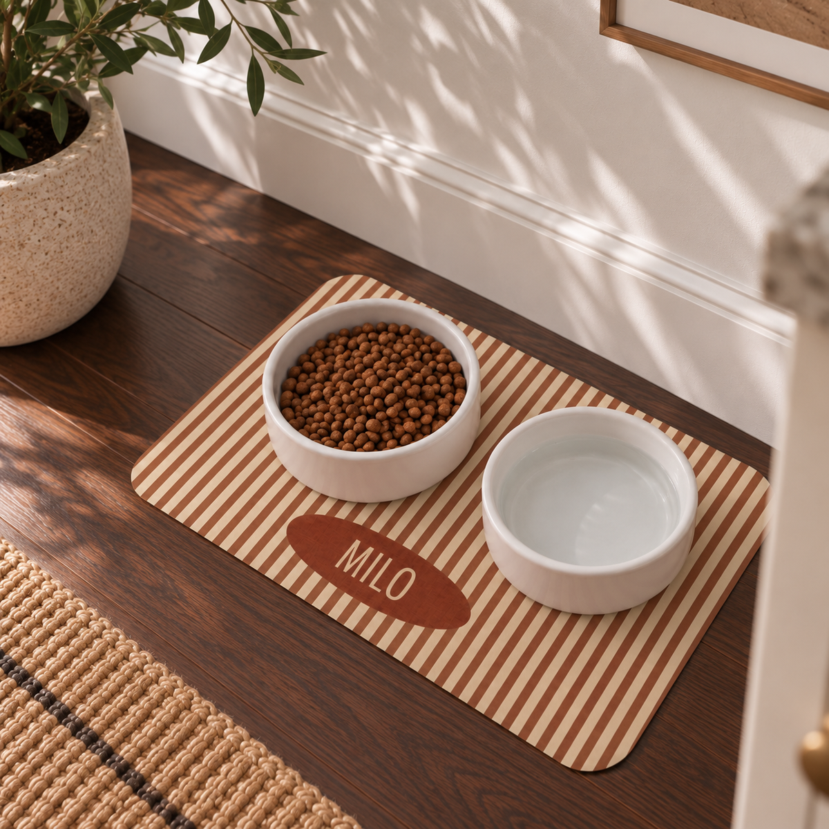 Custom Terracotta Stripe Pet Feeding Mat