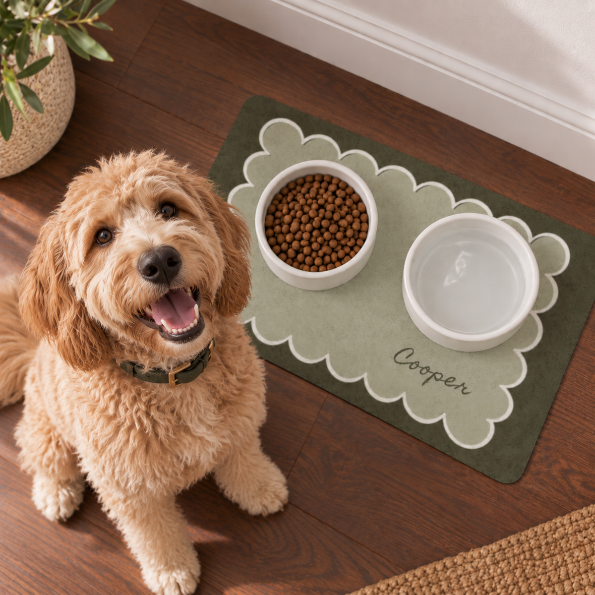 Custom Pet Food Mat Military Green Scallop