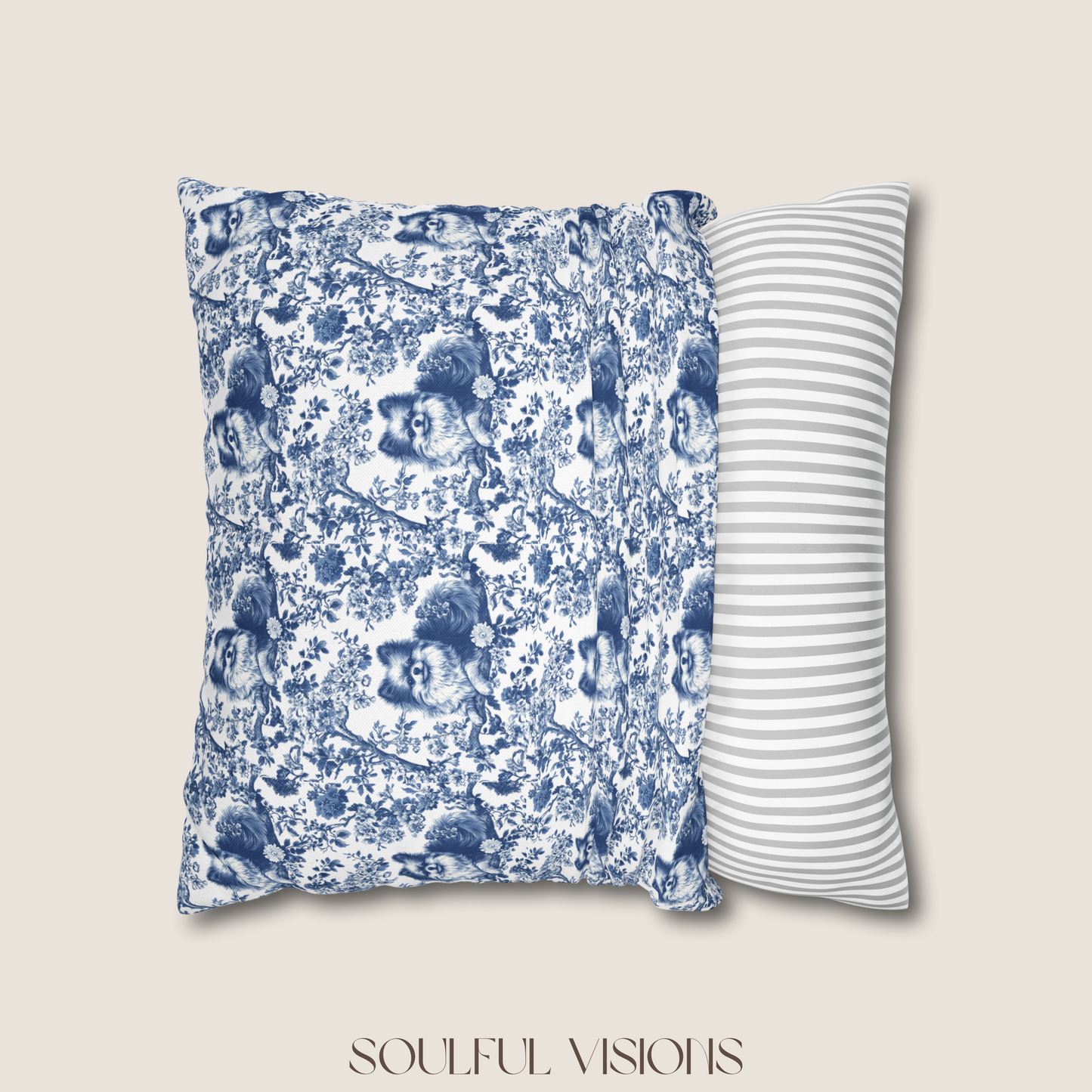 Pomeranian Blue French Toile De Jouy Pillow