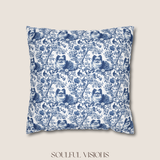 Pomeranian Blue French Toile De Jouy Pillow