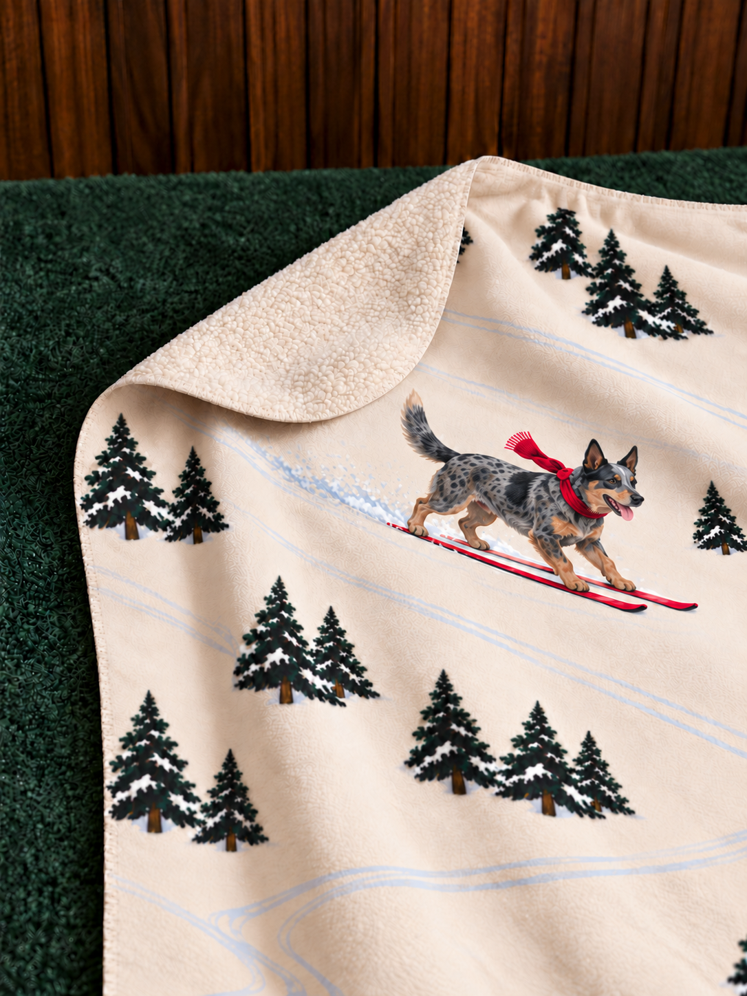 Australian Cattle Dog beige Christmas skiing fleece blanket — detail view