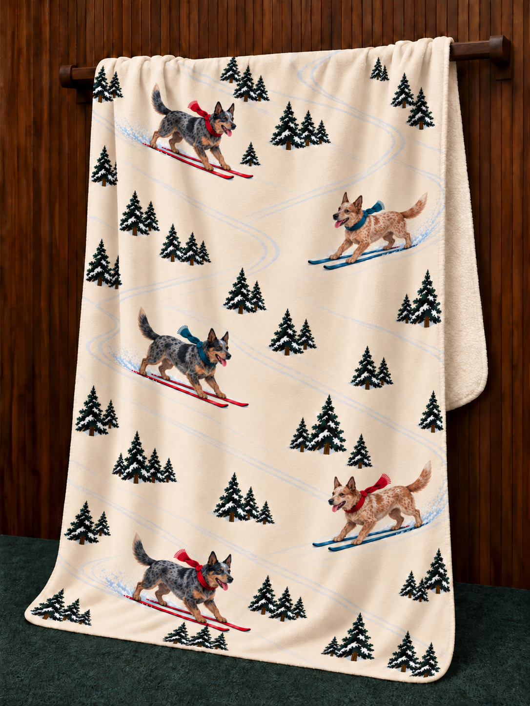 Australian Cattle Dog beige Christmas skiing fleece blanket — hanging view