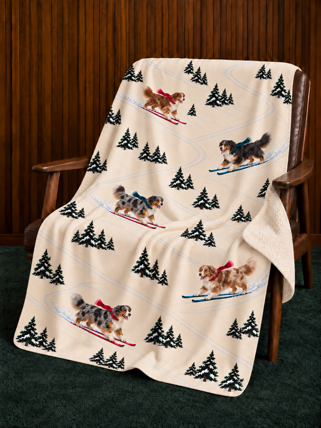 Australian Shepherd beige Christmas skiing fleece blanket — chair view