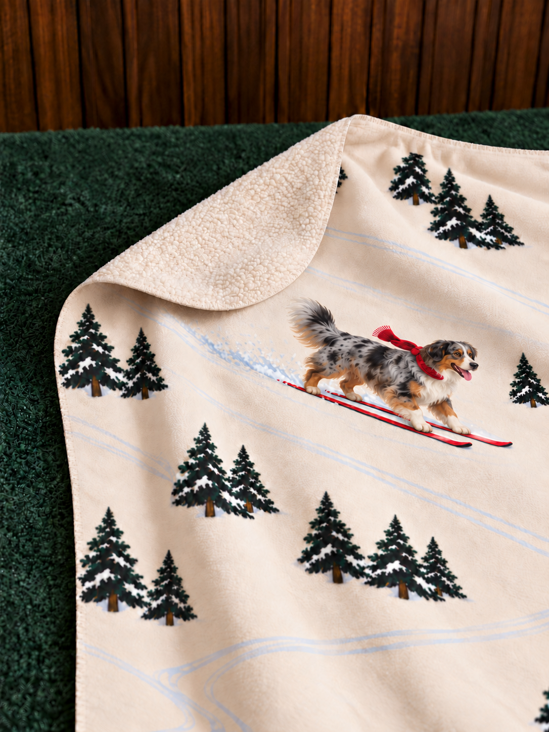 Australian Shepherd beige Christmas skiing fleece blanket — detail view