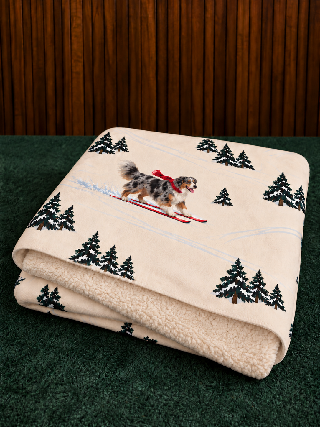 Australian Shepherd beige Christmas skiing fleece blanket — folded view