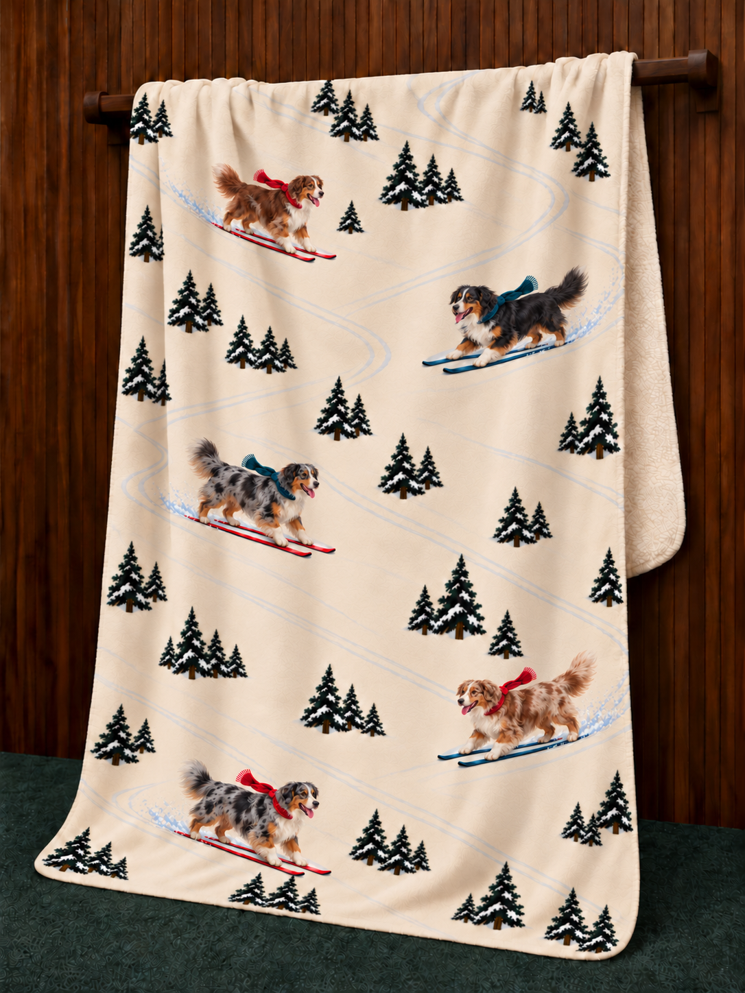 Australian Shepherd beige Christmas skiing fleece blanket — hanging view