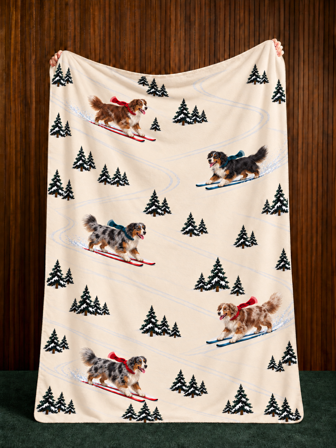 Australian Shepherd beige Christmas skiing fleece blanket — held view