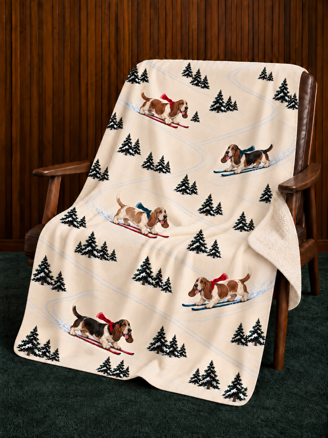 Basset Hound beige Christmas skiing fleece blanket — chair view