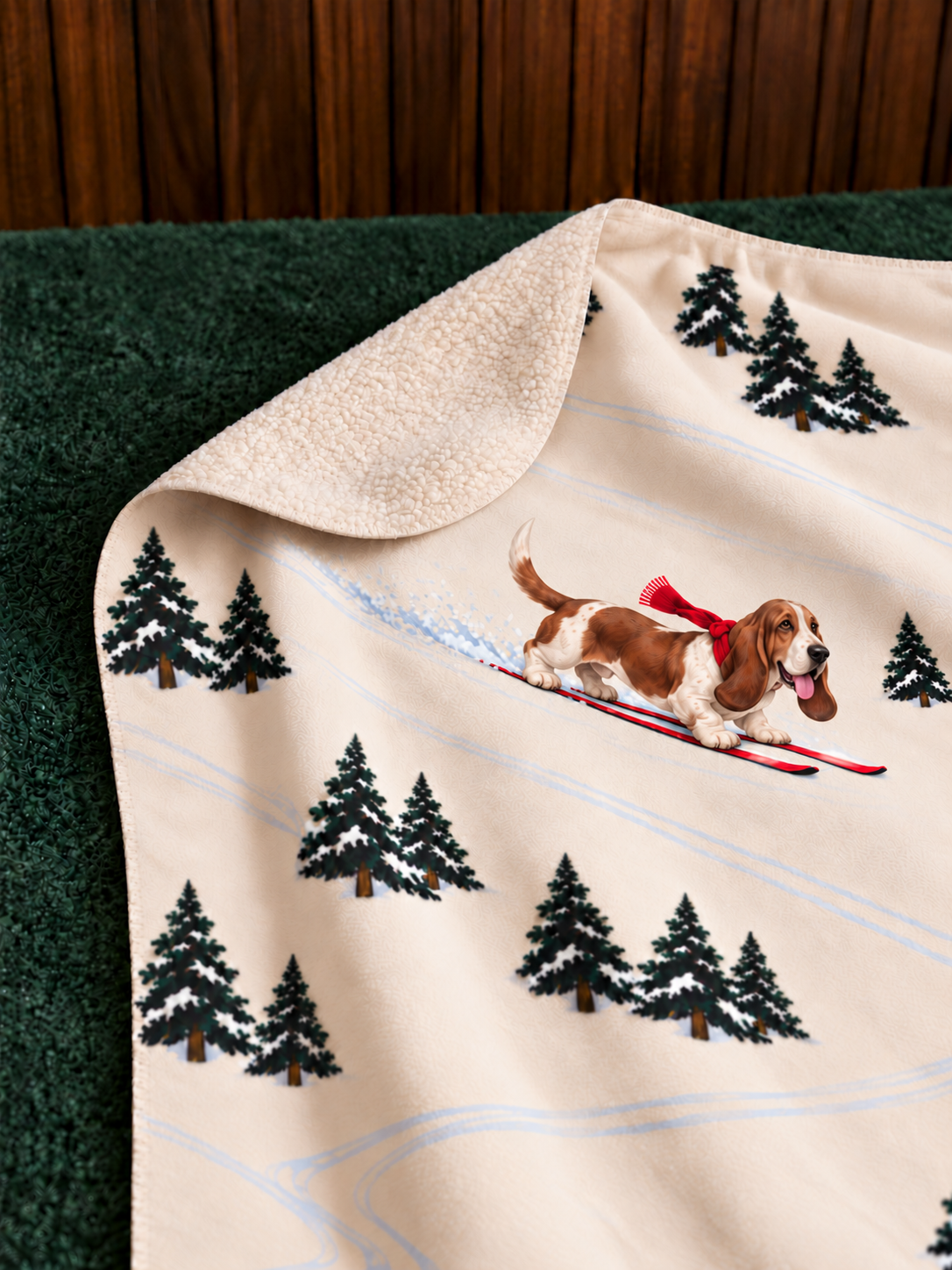 Basset Hound beige Christmas skiing fleece blanket — detail view
