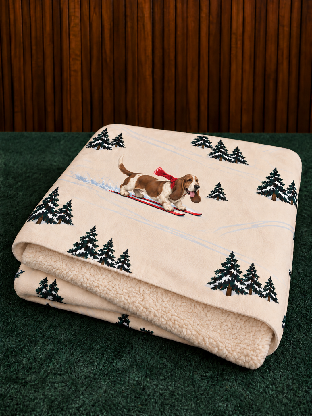 Basset Hound beige Christmas skiing fleece blanket — folded view
