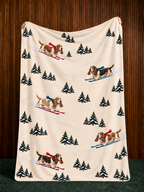 Basset Hound beige Christmas skiing fleece blanket — held view
