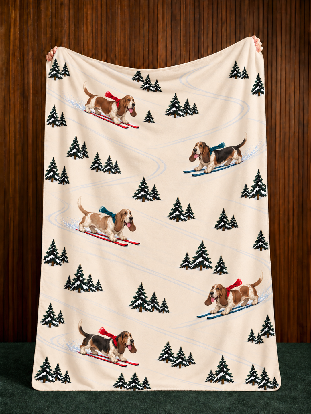 Basset Hound beige Christmas skiing fleece blanket — held view