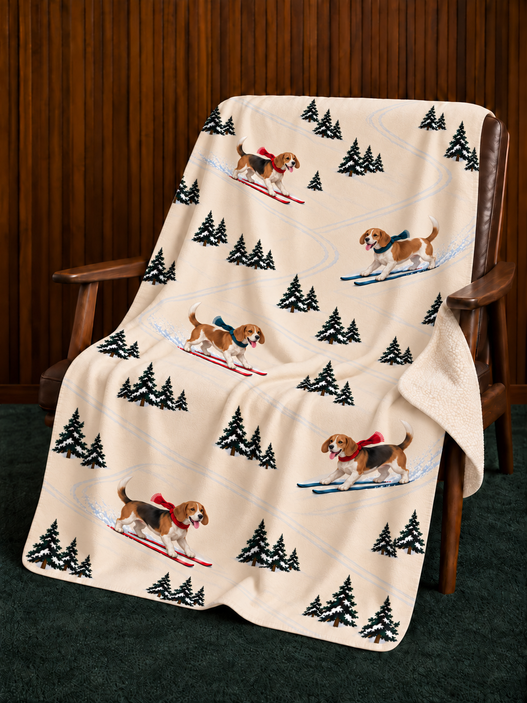 Beagle beige Christmas skiing fleece blanket — chair view
