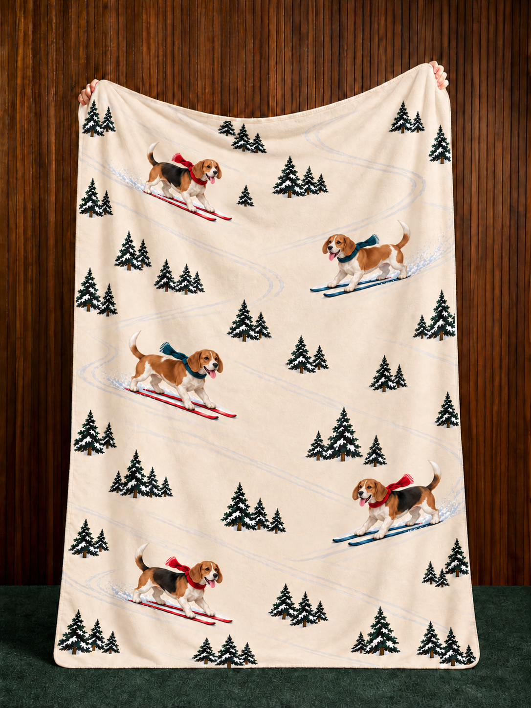 Beagle beige Christmas skiing fleece blanket — held view