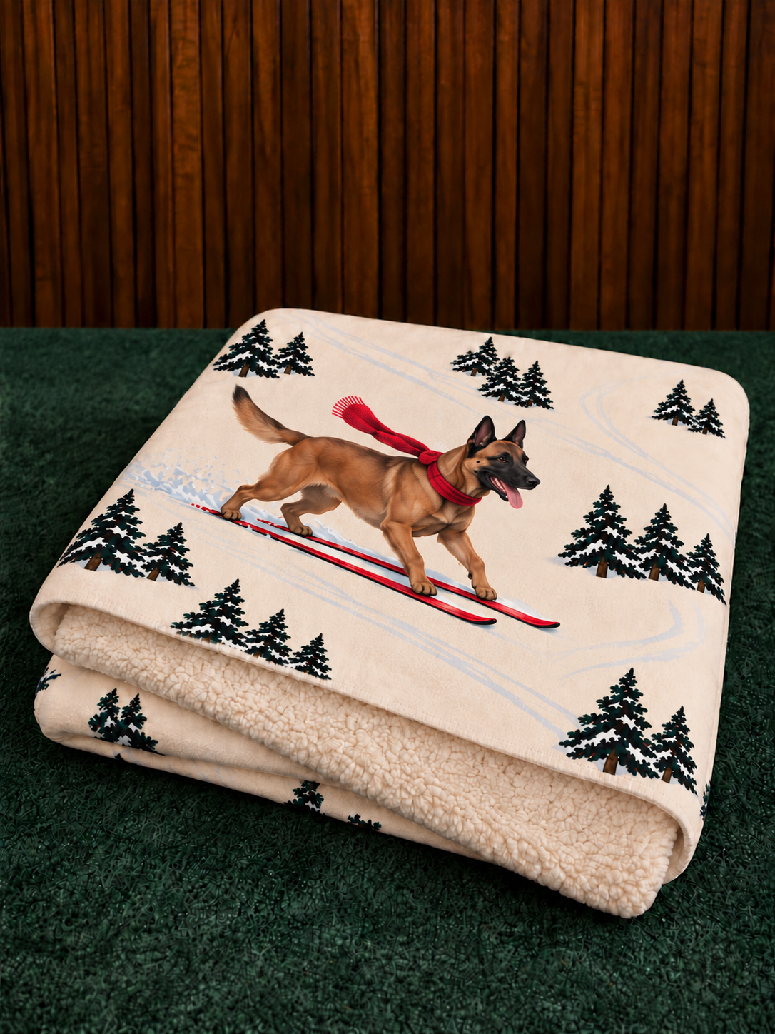 Belgian Malinois beige Christmas skiing fleece blanket — folded view