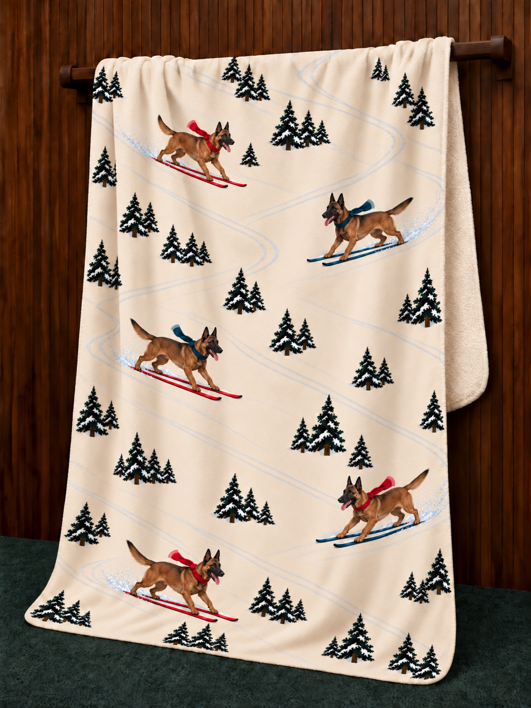 Belgian Malinois beige Christmas skiing fleece blanket — hanging view
