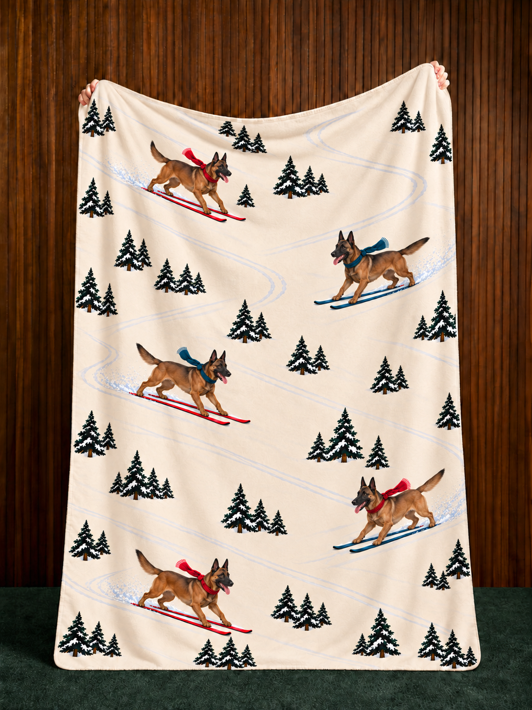 Belgian Malinois beige Christmas skiing fleece blanket — held view
