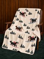 Bernedoodle beige Christmas skiing fleece blanket — chair view