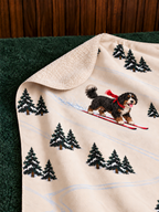 Bernedoodle beige Christmas skiing fleece blanket — detail view