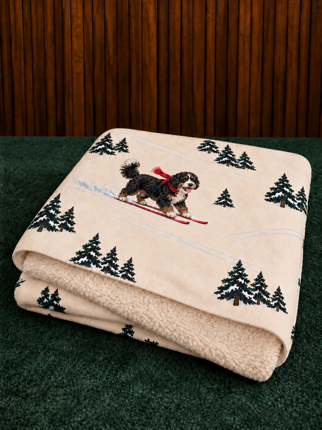 Bernedoodle beige Christmas skiing fleece blanket — folded view